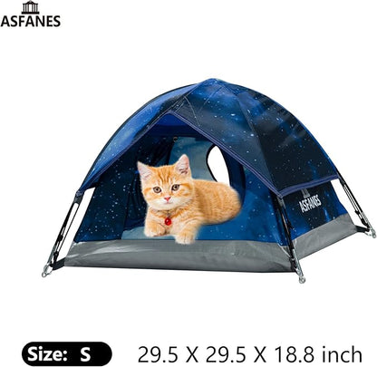 Outdoor Waterproof Pet Camping Tent, Cave Bed for Indoor Cats and Small Dogs, Portable Cat House Dog House, 21.6x21.6x14.9'', Navy Blue, S. (The Pole has Been Improved)