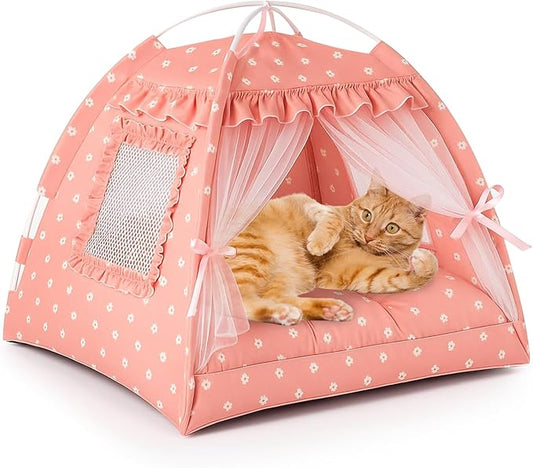 Cat Tent, Pink Cat Tents for Indoor Cats, Foldable Cats Teepee with Lace Mesh Breathable Windows, Portable Pet Tent for Small Pussy Dogs up to 5.5lbs(13.8 X 13.8in) (Pink, S)