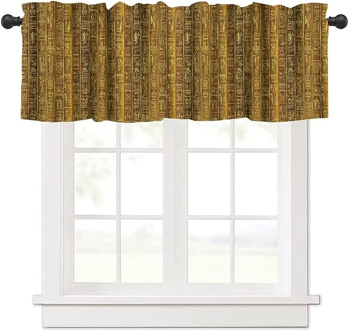 Vintage Egyptian Print Curtains Valance, Golden Egypt Hieroglyphics Old Logographic Details Alphabetic Element Window Valance Curtain for Farmhouse Bedroom Living Room Kitchen 54x18inch