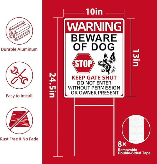 Beware of Dog Signs, 2 Pack 13"x10" Double-Sided Signs, Corrugated Plastic, H-Stake Metal Stakes, Dog Signs for Yard, Garden and Yard Wall Decor, Beware of Dog Signs for Fence