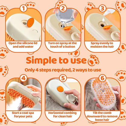 Pet Steam Brush, Shower Bath Brush, Grooming Water Brushes for Long & Short Haired Pets, Cat Steam Brush, Dog Brush for Shedding, Mist Spray Hair Removal Comb (Orange)