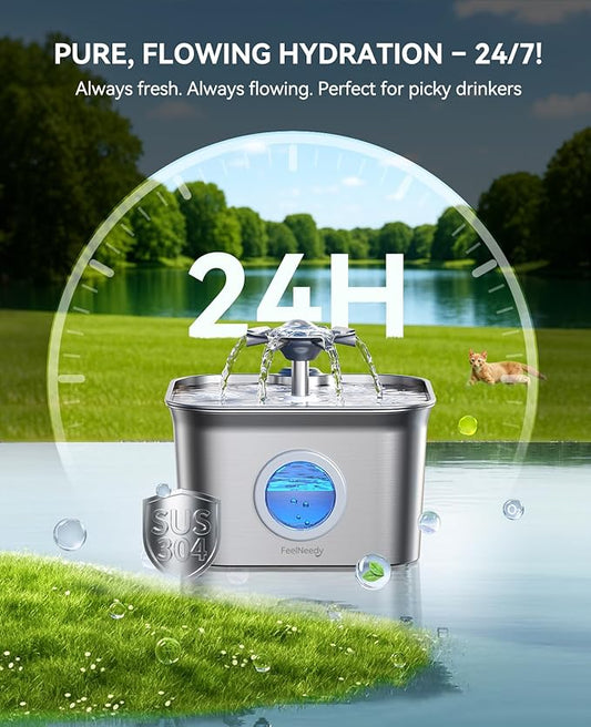 Stainless Steel Cat Water Fountain, 2.8L with 20dB Ultra-Quiet Pump- Ideal for Timid Pets, LED Water Level Window, Dishwasher Safe, 24/7 Circulation- Includes 9 Replacement Filters