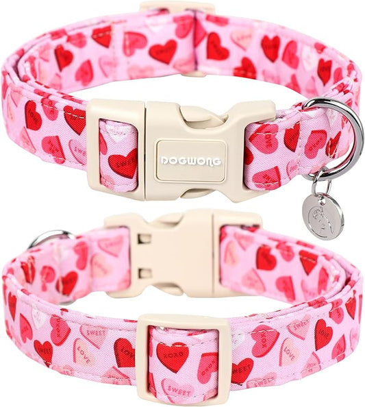 DOGWONG Valentine's Dog Collar - Pink Heart Adjustable Cotton Heart Dog Collar - Perfect for Extra Large Dogs
