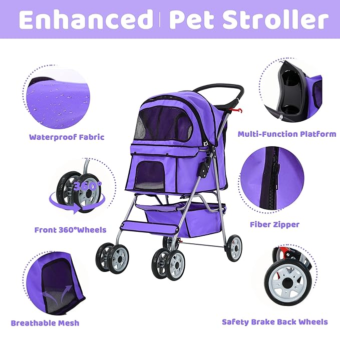 Pet Stroller for Small Medium Dogs & Cats, 4-Wheel Breathable Compact Foldable Dog Carrier with Storage Basket, Outdoor Portable Lightweight Travel Stroller for Camping,Purple