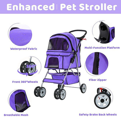 Pet Stroller for Small Medium Dogs & Cats, 4-Wheel Breathable Compact Foldable Dog Carrier with Storage Basket, Outdoor Portable Lightweight Travel Stroller for Camping,Purple