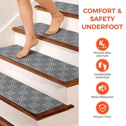 BAGAIL 15 Pack Non-Slip Stair Treads for Wooden Steps, 8"x30" Peel and Stick Carpet Stair Runners, Machine Washable Indoor Step Covers with No-Residue Adhesive for Dogs, Kids & Elderly - Light Gray