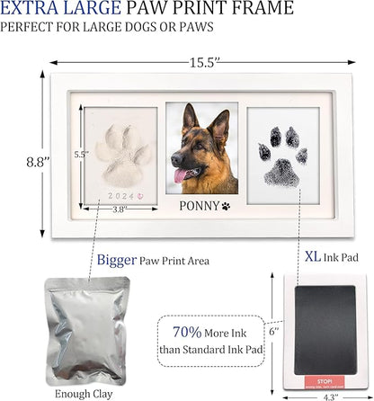 MYPAWLETS Extra Large Paw Print Frame Kit,Dog/Cat Paw Print Kit,Soft Pawprint Clay&Clean Touch Ink Pad,Pet Paw Print Impression Kit with Customization Tool,Wooden Pet Memorial Frame-White