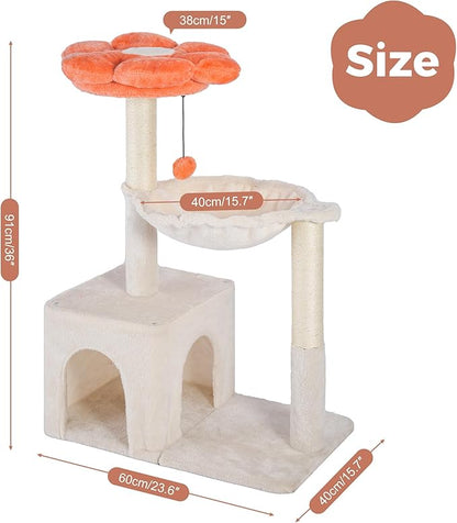 Flower Cat Tree 34" Scratching Post Small Cat Tower for Large Cats,Featuring with 15.7”Large Hammock, Removable Top Bed and Wide Condo for Indoor Cats-Beige