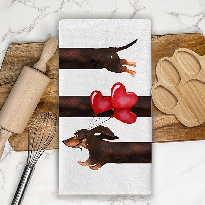 Dachshund Dog Kitchen Dish Towels Set of 2, Love Hearts Balloons Drying Hand Towel Baking Cooking Cloth, Home Decoration Pet Lover Gifts 18 x 26 Inches