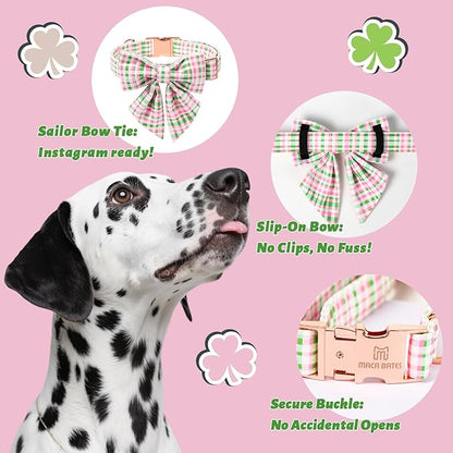 Maca Bates Plaid Dog Collar with Sailor Bow Tie,Cherry Pink Green Gingham Pattern for Small Girl Boy Dogs,Adjustable Durable Soft Collars Irish Gift for Male Female Puppy