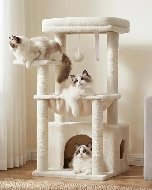 Heybly Cat Tree, Kitten Tower with Large Soft Cat Basket, Cat Condo with Spacious Cat Bed Cave with Hidden Space, Sisal-Covered Scratching Posts, Dangling Ball for Indoor Cats, Beige HCT008SM