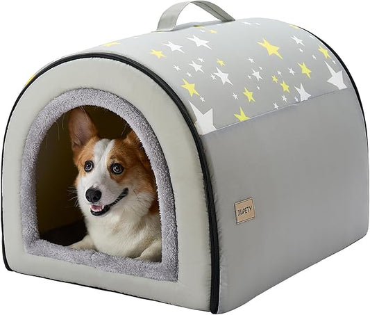 Jiupety Indoor Dog House, 2-in-1 Portable Foldable House Bed with Cover, Pet Tent & Cave Bed for Medium Dogs, XL(28"×21"×19"), Up to 40 Lb, Grey