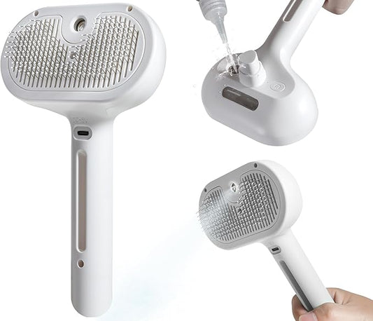 Susu & Wuwu Spray Cat Brush for Shedding - Water Brush for Cats and Dogs - Pet Hair Removal Comb with Water Tank and Release Button - White