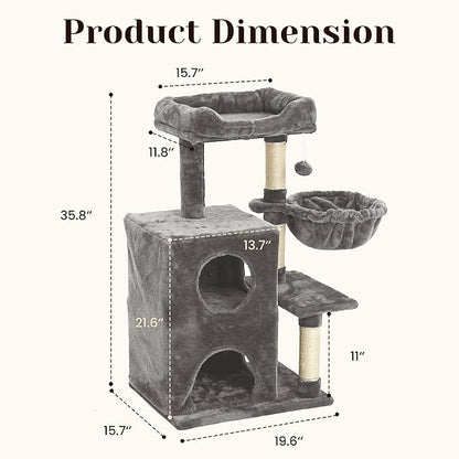 Fansafurn Cat Tree Tower for Indoor Cats, 36-inch Adult Cat Tree House for Large Adult Cats with Steps, Scratching Post, 2 Cat Condo, Dangling Toys, Light Grey