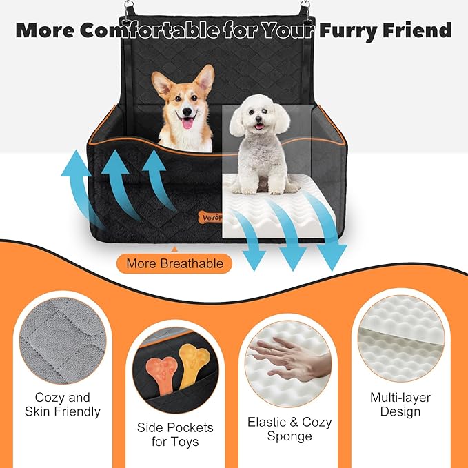 Medium Dog Car Seat, Dog Booster Seat Under 50Lbs or 2 Small Dogs Washable, Pet Car Seats with 2 Safety Leash, Dogs Sofa Bed Cushion Add Thick Sponge, Pet Cars Carrier for Travel, Black