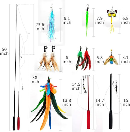 miwoowim Cat Toys Interactive for Indoor Cats, 2PCS Ultra-Long Teaser(50"+38")+9PCS Da Bird Feather Refills, Fishing Pole Toy,Retractable Cat Wand Toy and Feather Toys Refills Attachment Replacement
