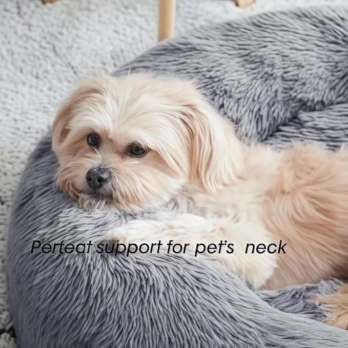 SALAN Calming Dog Bed for Small Dogs & Indoor Cats, 20 Inch Donut Pet Bed, Washable Round Fluffy Plush Faux Fur Cushion with Raised Rim & Anti-Slip Bottom, Soft Cozy Bed Fits Pets Up to 25 lbs (Brown)