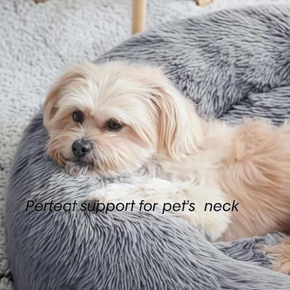SALAN Calming Dog Bed for Small Dogs & Indoor Cats, 20 Inch Donut Pet Bed, Washable Round Fluffy Plush Faux Fur Cushion with Raised Rim & Anti-Slip Bottom, Soft Cozy Bed Fits Pets Up to 25 lbs (Gray)