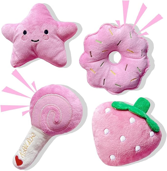 Small Dog Toys, Squeaky Dog Toy for Small Dogs- Pink Cute Puppy Toys, 4 Packs Pet Chew Toys for Fun, Interactive Dog Plush Toys for Puppies, Dog Squeak Toys