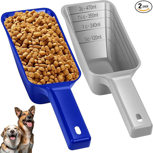 2 Cup Dog Food Scoop(2 Pack), Plastic Pet Food Scoop with Measuring Lines for Accurate Pet Food Portions,Dishwasher Safe (Blue and Grey)