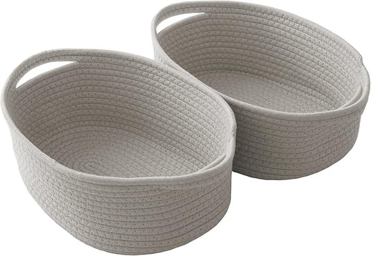 Woven Basket,Small Rope Storage Bin with Handles & Ribbon Bag, Organizer for Shelves Closets,Gift Basket Empty for Birthday,Books,Dog Toys, Grey/2 Pack