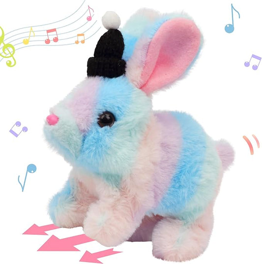 Hopearl Hopping Rabbit with Hat Interactive Electronic Pet Plush Bunny Toy with Sounds and Movements Animated Walking Wiggle Ears Twitch Nose Gift for Toddlers Birthday, Rainbow, 7''