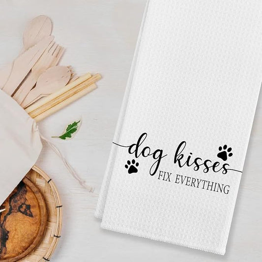 EIONEY Dog Kisses Fix Everything Cotton Multi Dog-themed Farmhouse Kitchen Towels & Tea Towels, 24 x 16 Inches, 24 Count