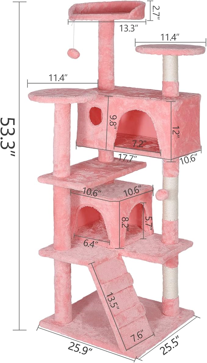 53 inches Heavy Duty Multi-Level Cat Tree Tower with Condo Furniture & Scratching Posts for Kittens Play Rest (Pink)