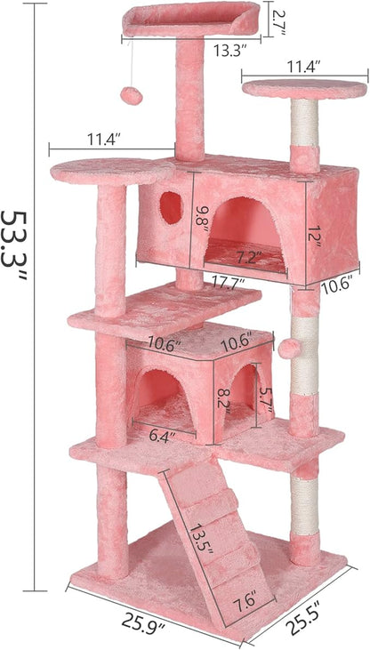 53 inches Heavy Duty Multi-Level Cat Tree Tower with Condo Furniture & Scratching Posts for Kittens Play Rest (Pink)