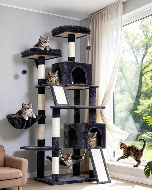 Gitelsnour Cat Tree for Indoor Cats, 71'' (180cm) Multi-Level Cat Tower for Large Adult, Sturdy Cat Tree House with 2 Scratching Boards 7 Posts, 2 Plush Perches/Condos, Hammock, Smoky Gray GCT032G