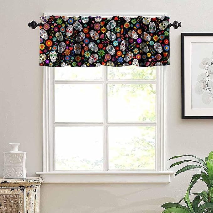 Mexican Style Valances Curtain for Kitchen, Day of The Dead Sugar Skull Pattern Window Treatment Valances Short Curtains Rod Pocket Drape for Dining Room Home Decor, 54x18inch