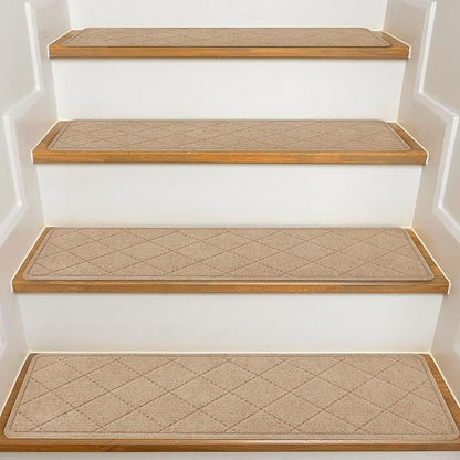 Stair Treads for Wooden Steps Indoor, 8" X 30" Non Slip Carpet Stair Treads with Reusable Adhesive for Kids Elders and Dogs, Surface Polyester TPR Backing Stair Rugs, 4 Pack Beige