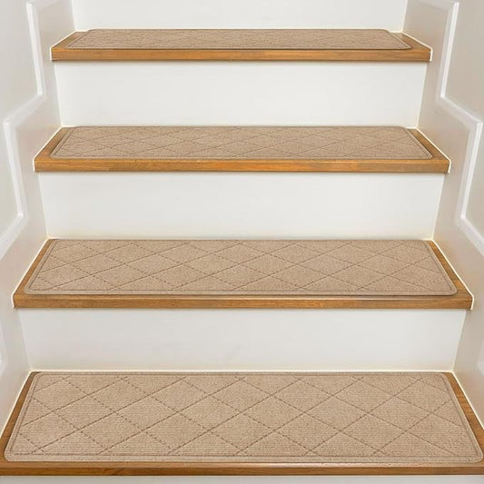 Stair Treads for Wooden Steps Indoor, 7 Pack 8" X 30" Non Slip Carpet Stair Treads with Reusable Adhesive for Kids Elders and Dogs, Surface Polyester TPR Backing Stair Rugs, Beige