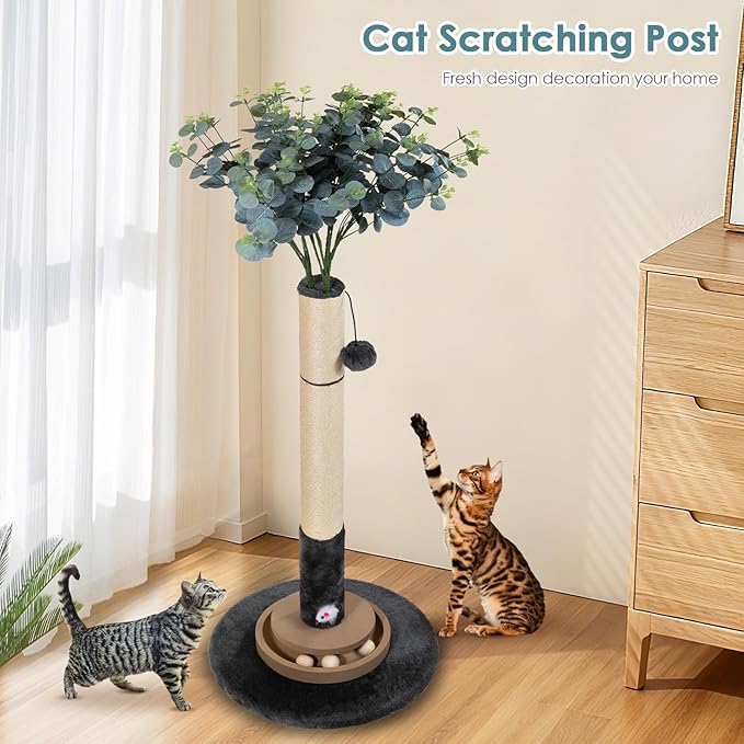 35 Inch Cat Scratching Post, Eucalyptus Sisal Rope Cat Tree Tower with Hanging Ball & Interactive Mouse Toy, Durable Scratcher for Indoor Adult Cats