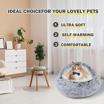 Cat Bed for Indoor Cats, Calming Cozy Cave with Self-Warming Plush, Entire Bed Machine Washable & Anti-Slip Base, Breathable Pet Bed for Small Cats&Dogs All Seasons (Grey, 22 * 22inch)