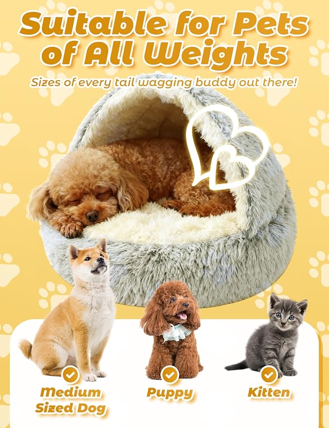 Dog Bed, Dog Bed with Cover Cave, Dual Comfort Design, Pet Bed for Small/Medium/Large Cats and Dogs, Anxiety Relief, Durable & Chew-Proof, Improves Sleep & Behaviour (Gray, 15in)