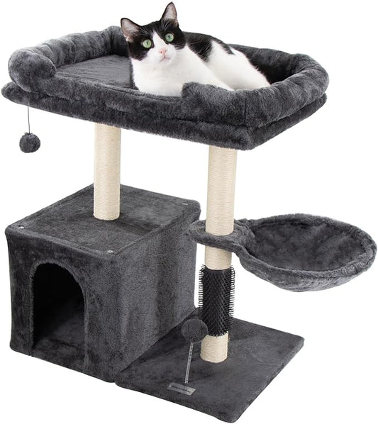 28.4" Small Cat Tree Tower,Cat Scratching Post for Indoor Cats,Featuring with Cat Cave & Cozy Perch,Cat Self Groomer and Interactive Dangling Ball Great for Kittens/Cats (Smoky Gray, Large)