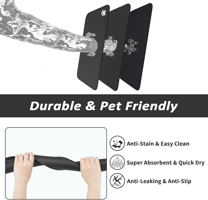 Dog Food Mat - Absorbent Cat Mat for Food and Water, No Stains Pet Feeding Bowl Mat, Easy to Clean Pet Placemats, Quick Dry Dog Water Dispenser Mat for Messy Drinkers | Paw Black 16"x 24"