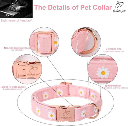 Spring Dog Collar, Cute Pink Daisy Femal Pet Collar with Metal Buckel, Durable Adjustable Designer Dog Collars for Small Medium Large Dogs XL