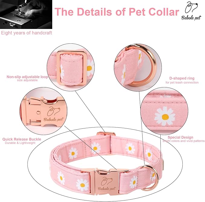 Spring Dog Collar, Cute Pink Daisy Femal Pet Collar with Metal Buckel, Durable Adjustable Designer Dog Collars for Small Medium Large Dogs L