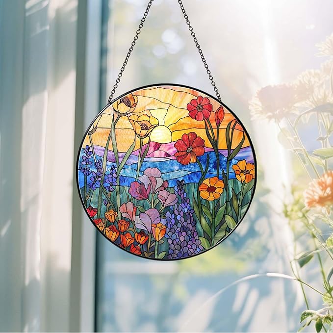 Wildflowers Sun Catcher 9.8'' Stained Glass Window Hanging Plant Lover Gifts for Women Wildflowers Wall Decor Handmade Sun Catcher Decoration for Window Garden Home Christmas & Birthday Gifts