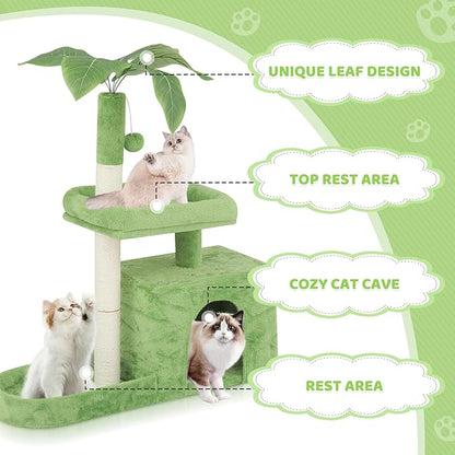 Magshion 32" Cat Tree for Kittens and Senior Cats, Small Cat Tower with Green Leaves, Scratching Posts, Cozy Condo, Low Perch & Fluffy Balls, Stable Cat House with Leaf Design