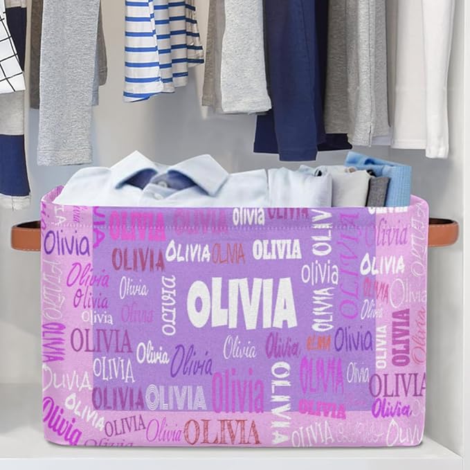 Personalized Foldable Storage Basket with Name, Laundry Hamper Dirty Clothes Pet Toys Storage Bin with Handles for Shelf Home Closet Kitchen, Purple and Pink Background