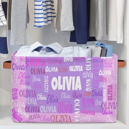 Personalized Foldable Storage Basket with Name, Laundry Hamper Dirty Clothes Pet Toys Storage Bin with Handles for Shelf Home Closet Kitchen, Purple and Pink Background