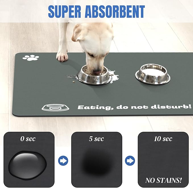Extra Large Pet Food Mat, 36" x 24", Absorbent Dog Mat for Food and Water, Dog Feeding Mat to Protect Your Floors, Gray