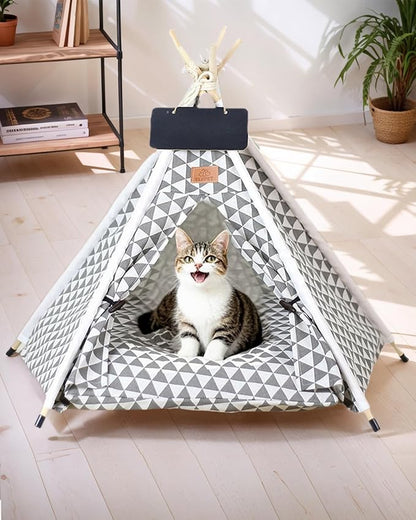 Pet Teepee Tent for Dogs & Cats - Cozy Dog House with Thick Cushion, Soft Cotton Canvas Pet Bed, Portable & Washable Pet Tent for Indoor & Outdoor Use, Easy Assembling for Small Pets