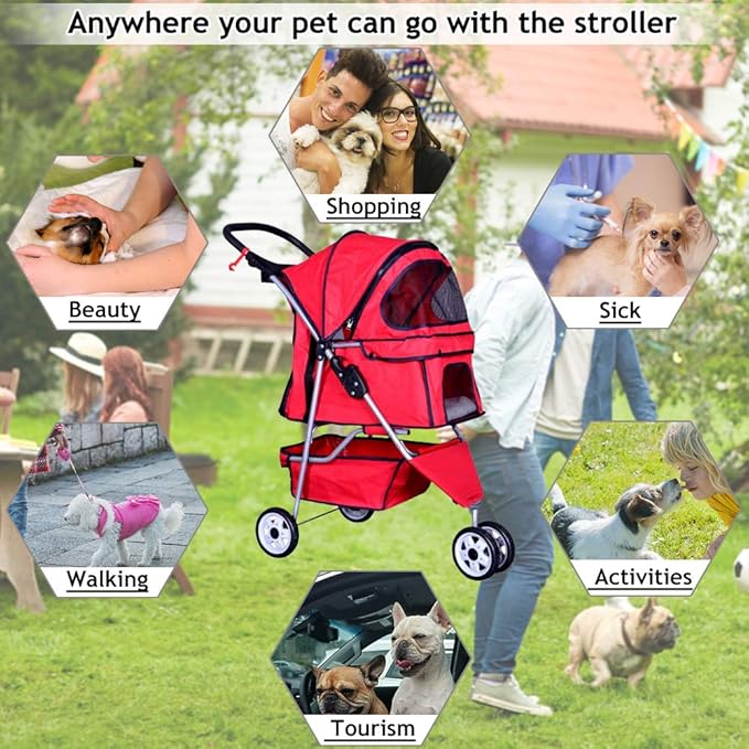 Dkeli 3-Wheel Pet Stroller, Lightweight Foldable Dog Stroller for Small Medium Dogs & Cats, Breathable Mesh & Weather Cover with Storage Basket, for Daily Walk Outdoor Travel (Red)