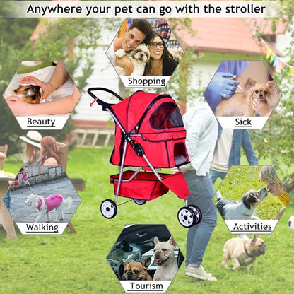 Dkeli 3-Wheel Pet Stroller, Lightweight Foldable Dog Stroller for Small Medium Dogs & Cats, Breathable Mesh & Weather Cover with Storage Basket, for Daily Walk Outdoor Travel (Red)