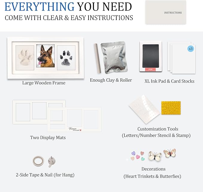 MYPAWLETS Extra Large Paw Print Frame Kit,Dog/Cat Paw Print Kit,Soft Pawprint Clay&Clean Touch Ink Pad,Pet Paw Print Impression Kit with Customization Tool,Wooden Pet Memorial Frame-White