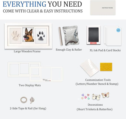 MYPAWLETS Extra Large Paw Print Frame Kit,Dog/Cat Paw Print Kit,Soft Pawprint Clay&Clean Touch Ink Pad,Pet Paw Print Impression Kit with Customization Tool,Wooden Pet Memorial Frame-White